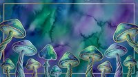 Glowing mushrooms with luminescent caps against cosmic watercolor backdrop in purple, green, and blue tones. Fantasy forest design.