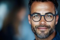 Confident middle-aged businessman with glasses and beard smiling warmly in modern office environment for professional corporate communications.