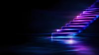 Glowing neon staircase with blue and purple light trails ascending into darkness, creating futuristic minimalist composition against black background.