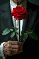 Elegant senior man in formal suit holding single red rose against dark background, symbolizing romance, anniversary, or special occasion.