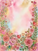 Watercolor floral frame with hearts, roses, and botanical elements on soft pink and cream background. Romantic design for greeting cards, invitations, and love-themed projects.