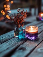Glowing candle and blue glass bottle with dried flowers on rustic wooden surface, magical evening atmosphere with bokeh lights and purple accents.