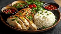 Sliced chicken breast with jasmine rice and spicy Asian dipping sauces served on rustic plate. Fresh herbs and chili garnish create appetizing presentation.