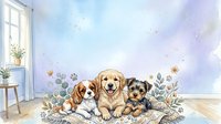 Adorable watercolor puppies sitting together with botanical elements in cozy home interior for nursery decor and pet-themed designs.