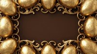 Ornate golden baroque frame with decorative scrollwork and metallic spheres creating elegant border on brown background for luxury design projects.