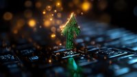 Glowing green arrow key on computer keyboard with magical bokeh lights and sparkles against dark background, symbolizing growth and digital progress.
