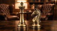 Golden chess pieces king and knight on wooden board in luxury study room with leather furniture and warm lighting for strategy games.