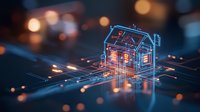 Glowing neon house outline on circuit board with digital connections and light trails, representing smart home technology and digital transformation in real estate.