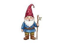 Cheerful garden gnome wearing red pointed hat and blue coat holding wooden staff, isolated on white background for clipart, t-shirt design and craft projects.