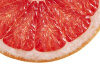 Fresh grapefruit slice showing juicy red pulp and white pith detail. Healthy citrus fruit segment for nutrition and wellness content.