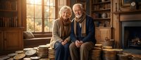 Happy elderly Caucasian couple sitting together surrounded by stacks of coins in cozy home library during golden hour retirement financial planning.