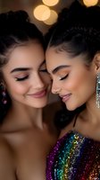 Two young women with braided hair sharing intimate moment with warm bokeh lights background for celebration and friendship concepts.