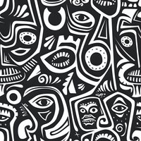 Abstract faces pattern in black and white with tribal style elements, eyes, and mouth shapes creating continuous seamless design for fabric and wallpaper.