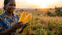 African woman farmer holding fresh corn cobs in rural agricultural field at sunset, representing sustainable farming, harvest season, and agricultural success for farming and agribusiness projects.