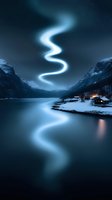 Mystical aurora borealis reflection over tranquil winter lake with snowy mountains and illuminated cabin, creating serpentine light pattern in dark night sky.