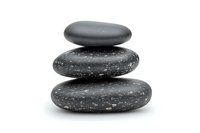 Stack of three smooth black spa stones balanced on white background, creating zen-like composition for wellness and meditation concepts.