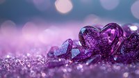 Purple crystal heart on glittering surface with soft bokeh lights creating romantic atmosphere. Dreamy macro photography with shallow depth of field and magical glow effect.