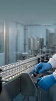 Pharmaceutical worker in protective gear operating production line with glass vials in sterile manufacturing facility for medicine quality control.