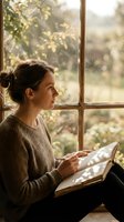 Young woman reading book by sunny window in cozy knit sweater, peaceful morning light streaming through glass creating warm atmosphere for relaxation and learning.