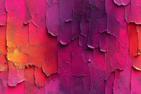 Vibrant pink and orange peeling paint texture on weathered wall surface creates abstract pattern with cracked and flaking layers revealing multicolored undertones.