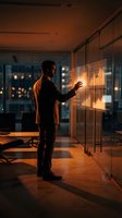 Businessman analyzing financial data on interactive glass display in modern office at night with city lights background for corporate presentations.