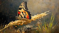 Swallowtail butterfly resting on golden wheat ear against dark atmospheric background, dramatic nature composition with soft morning light and dew drops.