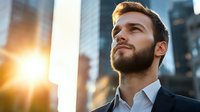 Young Caucasian businessman with beard looking up confidently against urban cityscape background with warm sunset light and modern office buildings. Professional portrait.