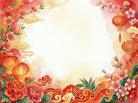 Lunar new year frame with red lanterns, peonies, and ornamental swirls on cream background, isolated and ready for greeting cards, invitations, and festive design projects.