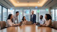 Business team meeting in modern conference room with digital security interface overlay showing cybersecurity data protection concepts.
