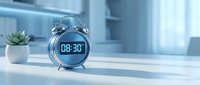 Modern digital alarm clock displaying 08:30 on bedside table in bright morning bedroom with succulent plant and natural sunlight streaming through window.