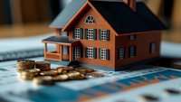 Orange miniature house model with black roof and white trim placed on financial documents next to stacked gold coins, representing real estate investment and property value.
