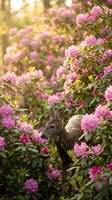 Young deer standing among blooming pink rhododendron flowers in golden sunlight creating magical spring garden scene for nature photography.