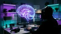 Silhouette of person working at desk with glowing neon brain hologram on monitor in futuristic tech workspace with purple and cyan lighting for AI, technology, and innovation concepts.