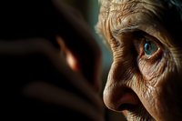 Close-up of elderly person's eye with deep wrinkles and weathered skin showing wisdom and life experience in dramatic side lighting creating emotional mood.