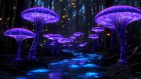 Glowing purple mushrooms illuminate dark forest path with magical blue stream, creating mystical nighttime fantasy landscape in enchanted woodland setting.