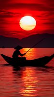 Silhouetted fisherman in traditional conical hat rowing wooden boat on calm water during dramatic red sunset with large glowing sun and mountain backdrop. Perfect for travel and lifestyle content.