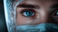 Close-up portrait of young woman with striking blue eyes wearing protective face mask, intense gaze and natural makeup for healthcare concepts.