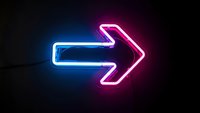 Glowing neon arrow sign with blue and pink lights on dark background for digital design, gaming interface, and modern technology concepts.