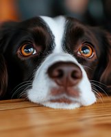 Close-up portrait of black and white dog with striking amber eyes resting chin on wooden table, showing expressive face and wet nose against blurred background.