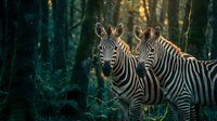 Two zebras standing together in mystical forest with golden sunlight filtering through trees creating magical atmosphere for wildlife photography.