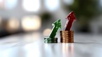 Red and green glass arrows on stacks of coins showing financial growth and decline concept against blurred background, illustrating market volatility and investment risk.