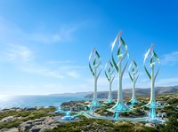 Futuristic wind turbines with organic leaf-shaped design stand on coastal landscape overlooking ocean and mountains under clear blue sky, representing renewable energy and sustainable technology for environmental conservation.