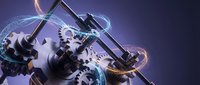 Mechanical gears and cogs with glowing energy effects on purple background for technology and engineering concepts.