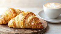 Fresh baked butter croissants served on wooden board with cappuccino cup in background, morning breakfast setting with flaky pastries.