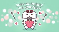Cute cartoon tooth character with braces holding pink heart for Valentine's Day dental care celebration on mint green background with romantic elements.