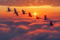 Silhouettes of birds flying over clouds at sunset with dramatic orange sky and sun on horizon.