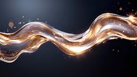 Glowing golden wave with sparkling particles flows across dark background, creating luminous abstract design with shimmering light effects and smooth curves.