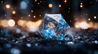 Glowing blue crystal icosahedron dice on dark surface with magical bokeh lights and sparkles in background, creating mystical gaming atmosphere.