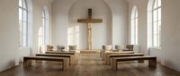 Minimalist chapel interior with wooden cross, benches, arched ceiling, and natural light from tall windows, suitable for religious, spiritual, and architectural design projects.