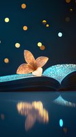 Magical glowing butterfly rests on open book pages with sparkling blue light and bokeh reflections against dark background. Fantasy literature concept.